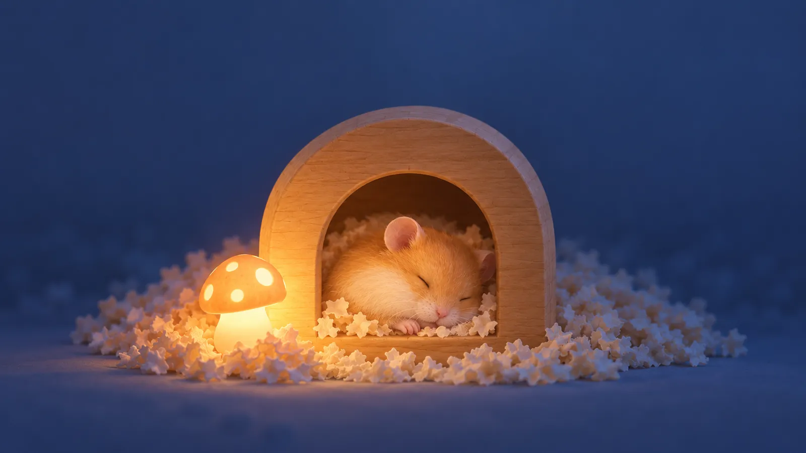 插画:夜里,一盏蘑菇小夜灯在同一座木头小屋旁亮着,金丝熊蜷在里面的纸屑垫料上睡着了。