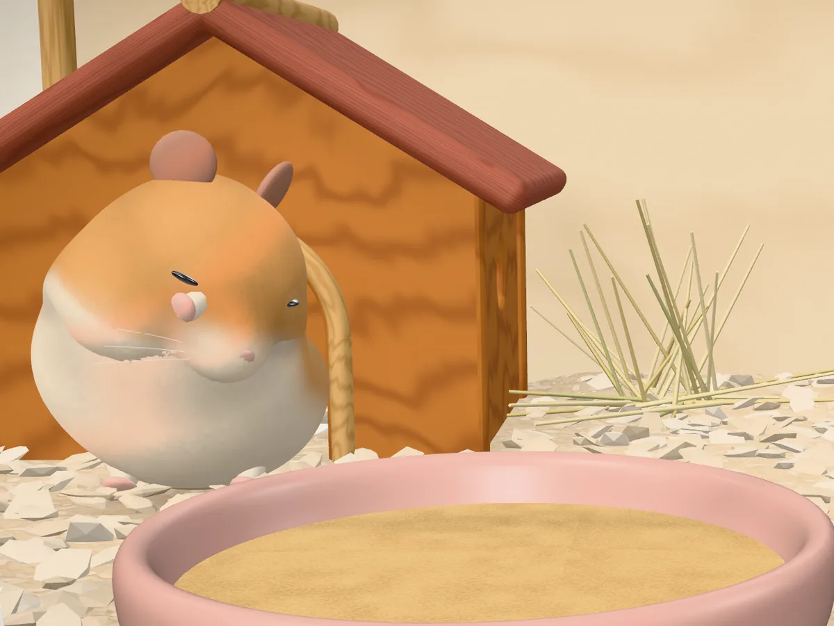 实机画面:仓鼠坐在小屋旁洗脸。